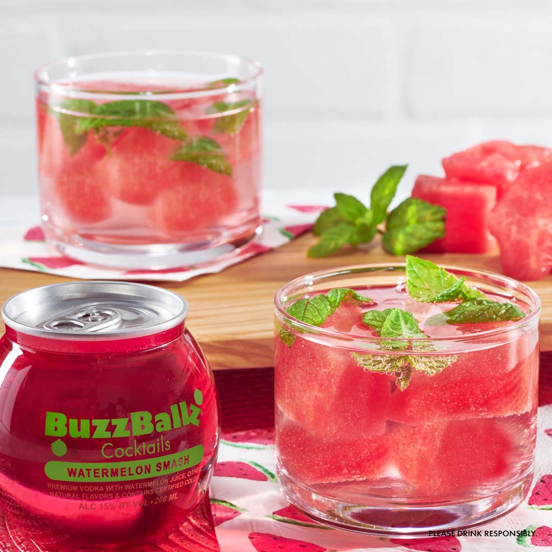 This recipe is one in a melon. 🤤 Cheers to the warmer weather with this Sparkling Watermelon Cocktail. 

A few sprigs of fresh mint
½ cup of club soda
1/2 BuzzBallz Cocktails Watermelon Smash
¼ cup fresh watermelon chunks
Place a few pieces of watermelon and a few sprigs of mint at the bottom of a cocktail glass.
Pour ½ BuzzBallz Cocktails Watermelon Smash into the glass.
Float club soda of choice over top.
Place a few more pieces of watermelon in the cocktail.
Stir gently.
Top with a sprig of mint.